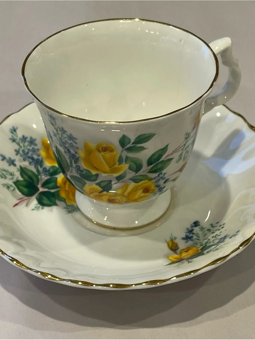 vtg Bluebird  Fine Bone China TEA CUP & SAUCER numbered FOOTED yellow roses